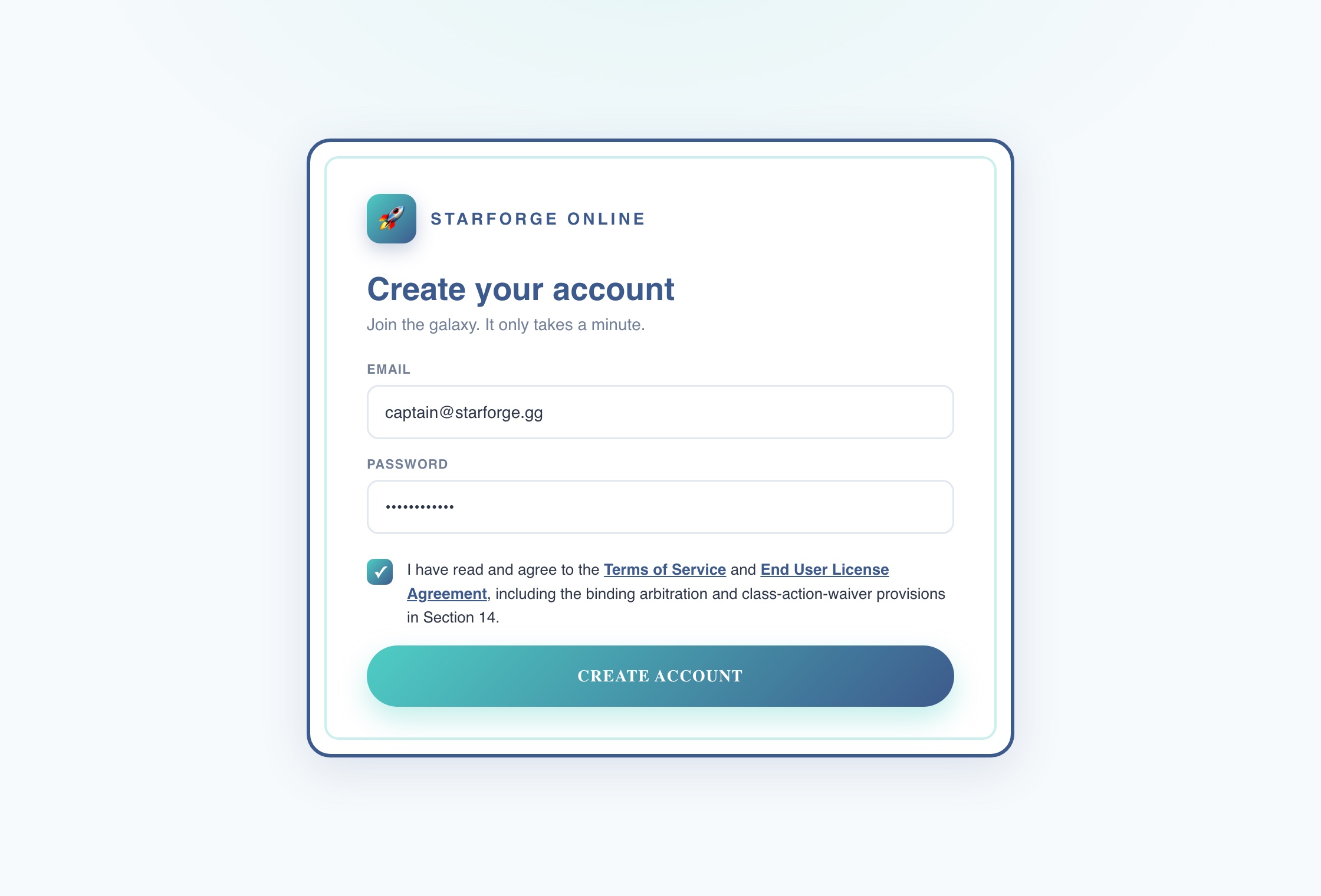 A game account sign-up screen with a checkbox requiring the player to agree to the terms of service and EULA