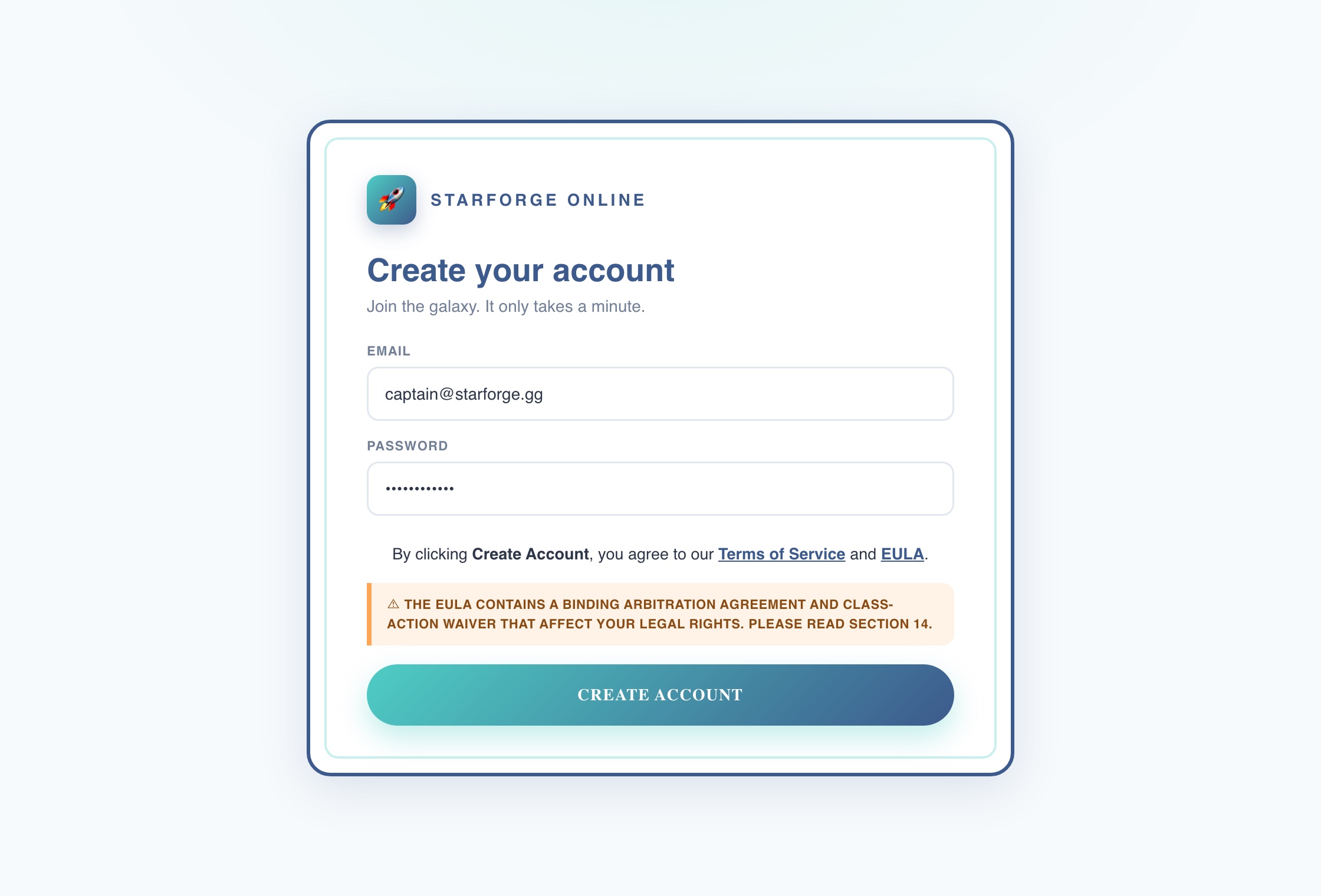A game account sign-up screen with a notice above the button stating that clicking Create Account means agreeing to the terms