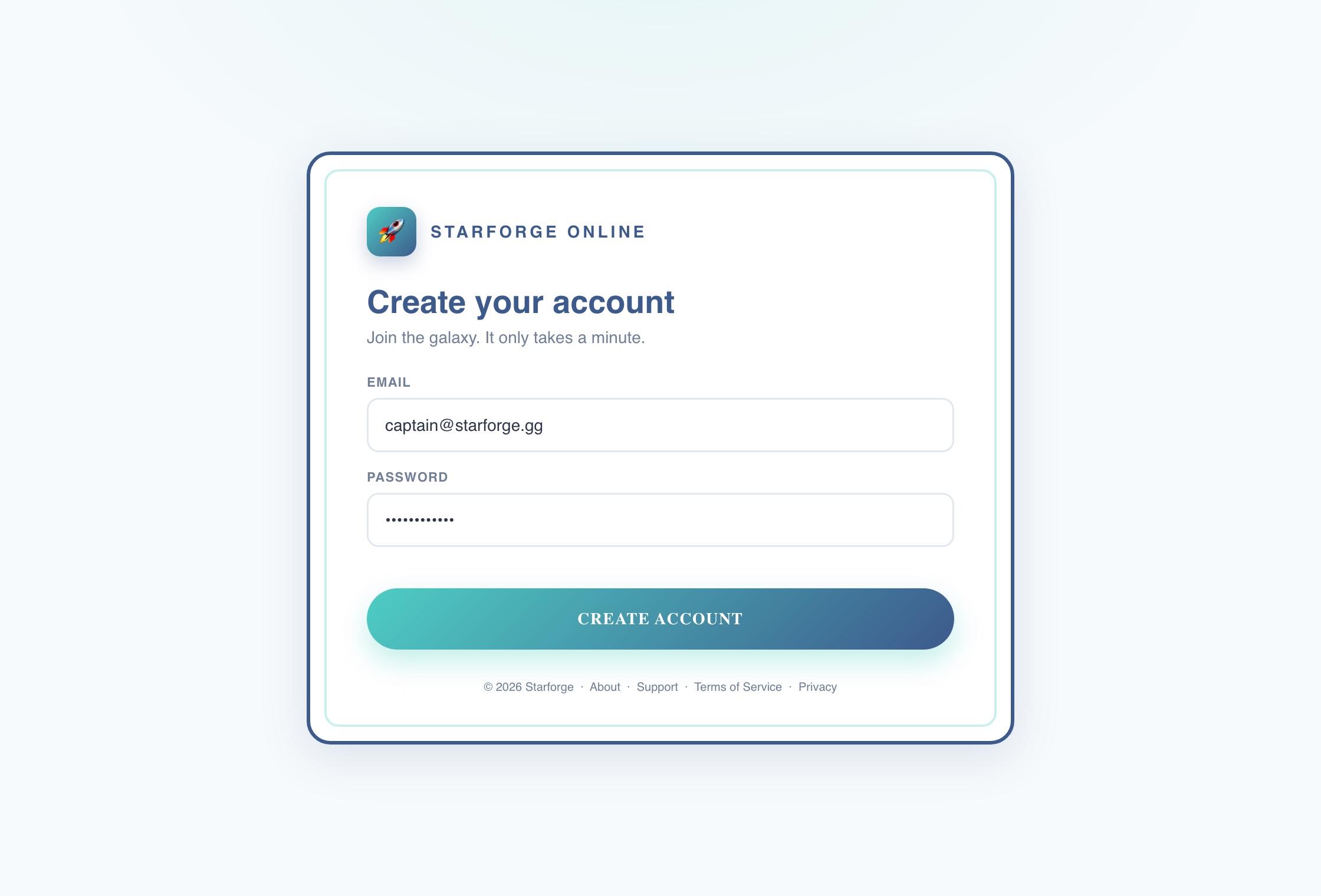 A game account sign-up screen with the terms of service hidden as a small link in the footer with no agreement step
