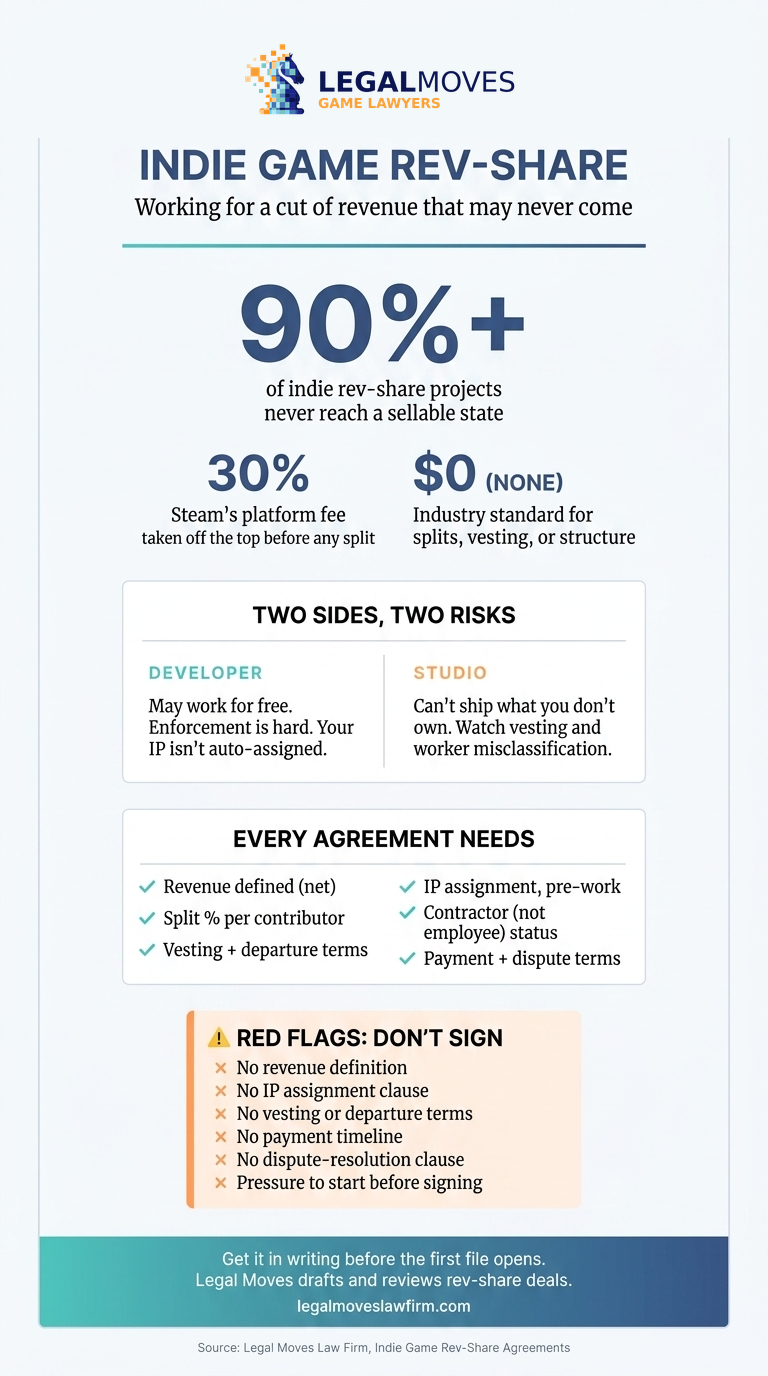 Infographic field guide to indie game rev-share agreements: 90%+ of projects never reach a sellable state, the different risks for developers vs. studios, what every agreement needs, and the red flags that mean don't sign