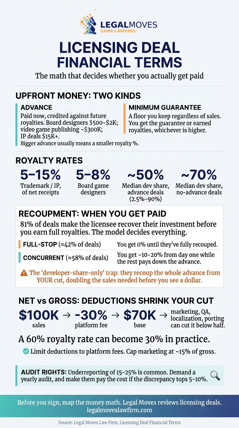 Infographic field guide to licensing deal financial terms: advances vs. minimum guarantees, typical royalty rates, how recoupment decides when you get paid, how deductions shrink net revenue from gross, and audit rights