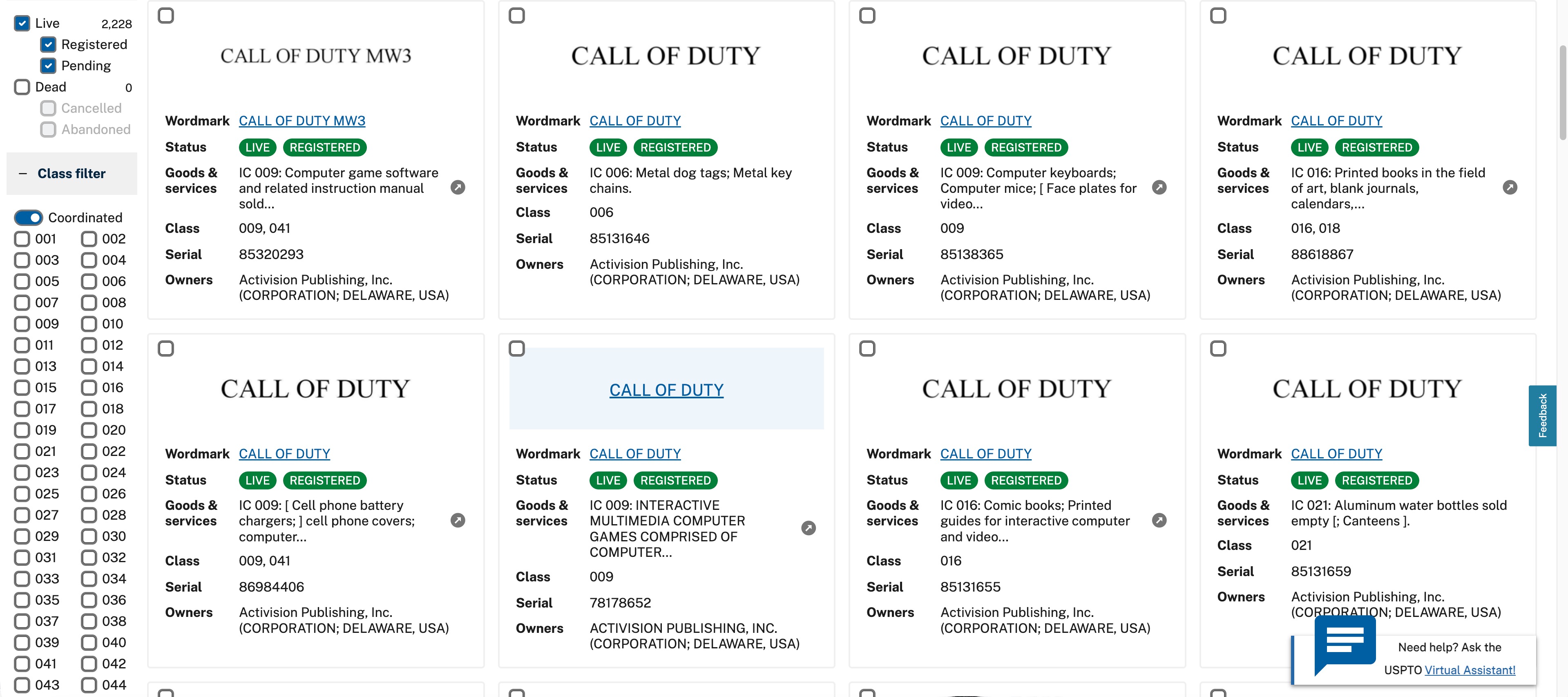 TESS search results showing Call of Duty trademark registrations at the USPTO